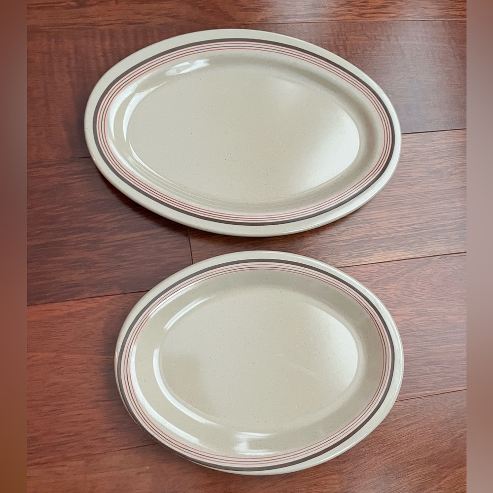 2 Prolon Melamine Oval Serving Platters MCM Vintage Beige Brown Orange Stripe